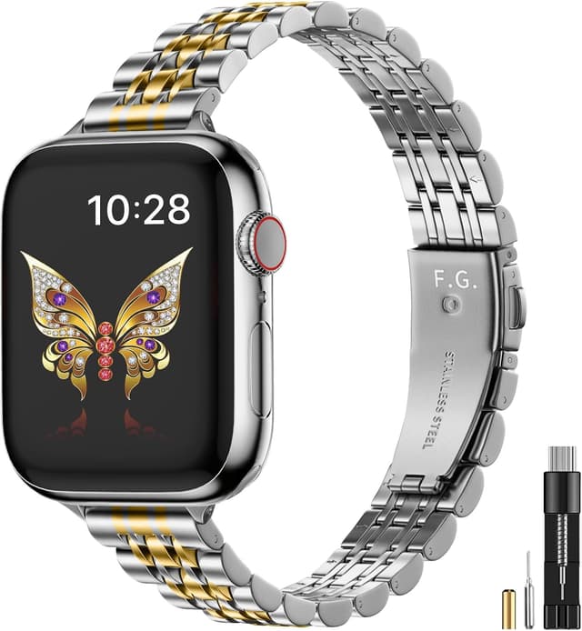 Detalle de Fullmosa Slim Metal Straps for Apple Watch (46mm–49mm), 7‑link stainless steel bands for women, Silver & Gold