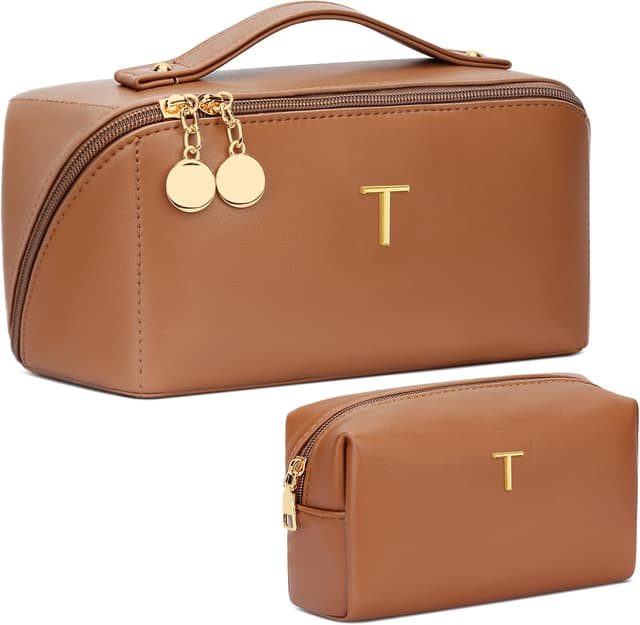 Detalle de CLOUDWINGS Personalized Initial Makeup Organizer Bag Set for Women & Teen Girls (Brown)