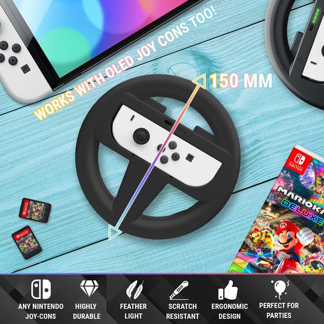 Detalle de Orzly Twin Pack Steering Wheels for Nintendo Switch & OLED Joy-Cons (Black) for Mario Kart 8 Deluxe