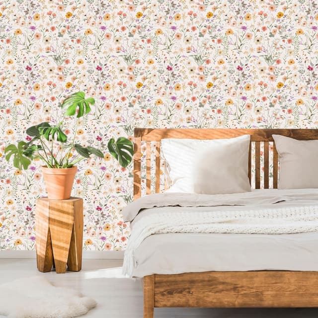 Detalle de ANHUIB Blumen Tapete zum Selbstkleb en im Boho-Aquarell-Stil (44 x 300 cm) – Vinyl, abnehmbar, wasserdicht