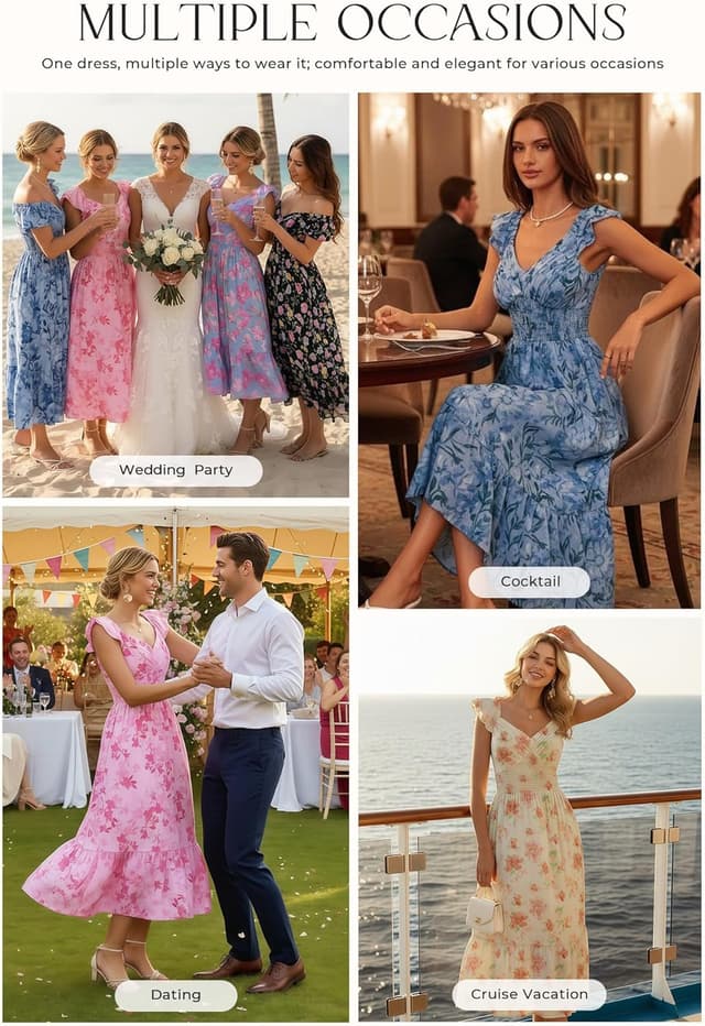 Detalle de GRACE KARIN Damen Blumenkleid mit V-Ausschnitt, Rüschenärmel und Tasche – Sommer-Maxikleid