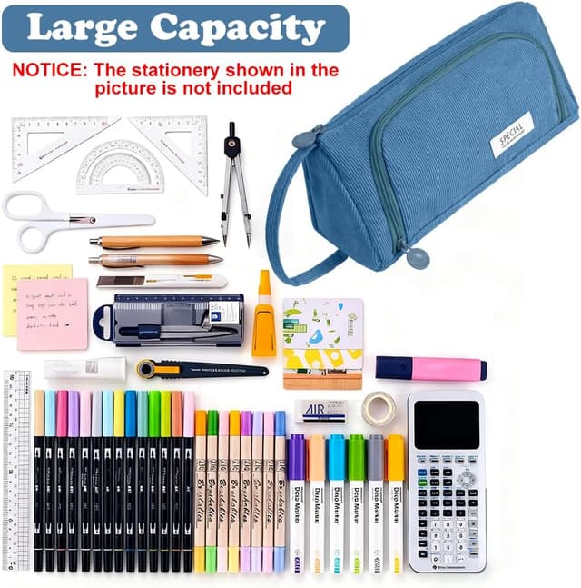 Detalle de Trousse de papeterie APXEL grande en velours côtelé, trousse à crayons zippée (bleu marine)