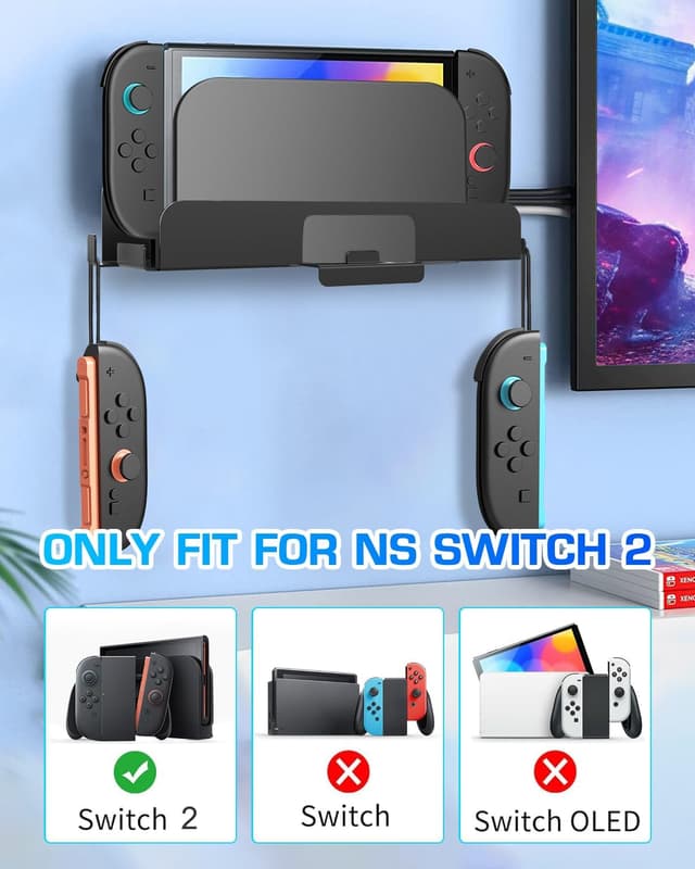 Detalle 2 de Sehawei Wandhalterung für Switch 2 – platzsparende Halterung mit Joy-Con-Haken, Ablage und Controller-Halter