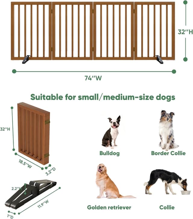 Detalle de Algherohein Tall Dog Gates for Doorways – Foldable Freestanding 4-Panel Indoor Puppy Gate (Walnut)
