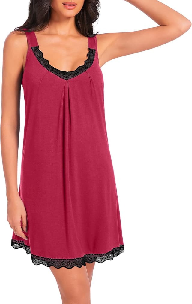 Detalle de SHCNSJC Damen-Nachthemd mit Spitze aus Modal/Elasthan – ärmellos, kurz