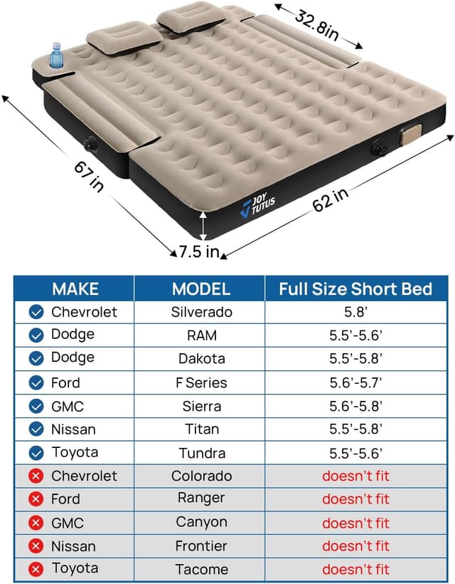Detalle de JOYTUTUS Truck Bed Air Mattress (5.5–5.8Ft) with Built-in Air Pump, Full Size Short Beds