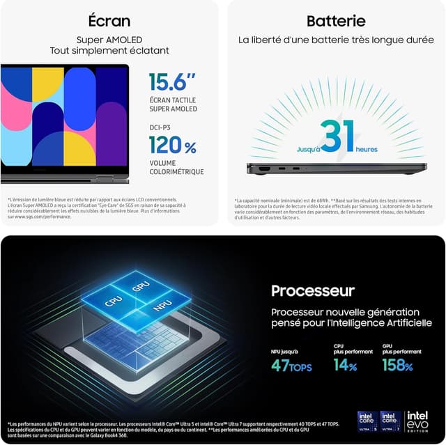 Detalle de Samsung Galaxy Book5 360 15,6" Copilot+PC (2-en-1 convertible) – Core Ultra 7, 16 Go RAM, 1 To, clavier AZERTY FR