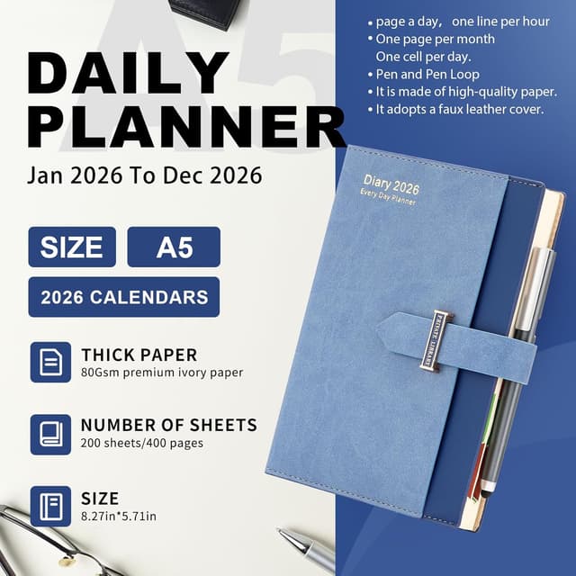 Detalle de Mcdsuc Academic Diary 2026 A5 (Jan–Dec 2026) — day-per-page planner with hardcover, tabs and pen