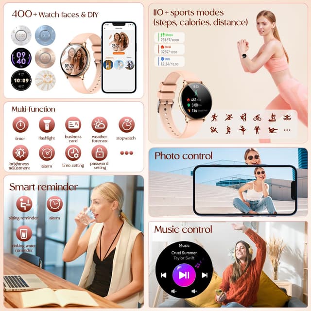 Thumbnail 6 de Montre connectée femme 1,32" ronde AMOLED avec appels Bluetooth, écran vibrant et suivi santé IP67