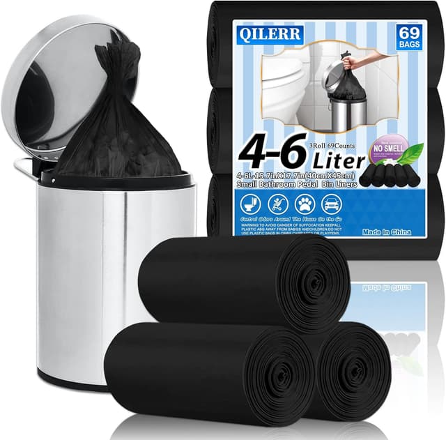 Detalle de Small Black Bin Bags 4–6L Pedal Bin Liners (69 Count) – Mini HDPE Wastebasket Trash Bags