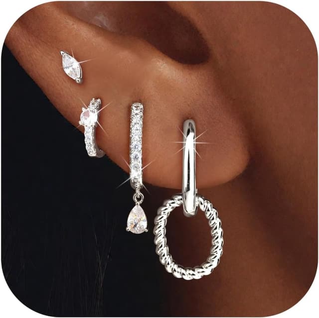 Detalle de Roheafer 4 Paar Gold-Ohrringe Set für Damen (14K vergoldet) – kleine Ohrstecker, Creolen & Helix-Piercings