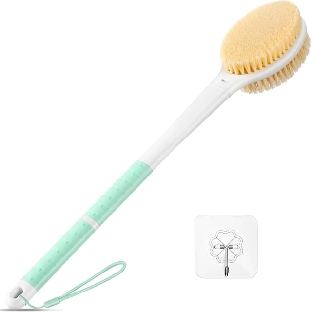 Detalle de Back Scrubber Body Shower Brush with Anti-Slip Long Handle (Mint Green) – Stiff & Soft Double-Sided Bristles