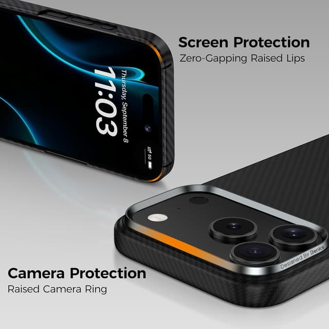 Detalle de BENKS ArmorAir Case for iPhone 17 Pro (MagSafe) — DuPont Kevlar aramid, ultra-slim minimalist protection in black