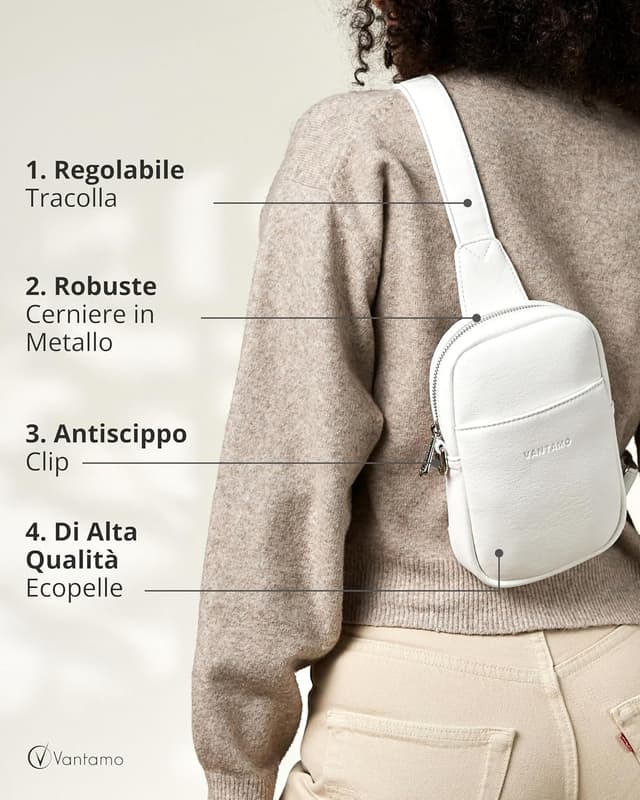 Detalle de Vantamo tracolla crossbody da donna in pelle vegana con blocco RFID e clip anti-borseggiatore