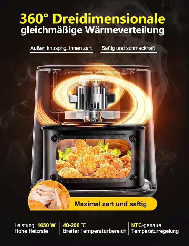 Detalle de Heißluftfritteuse Airfryer mit Sichtfenster 7,2 l – 11-in-1 XXL Air Fryer mit Warmhalten, Vorheizen & Timer
