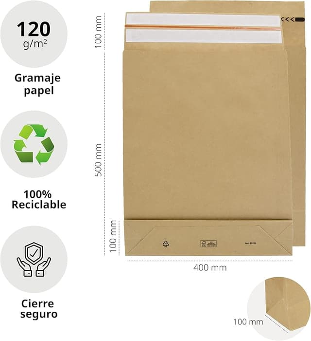 Detalle 2 de Ofituria Sobres de Papel Kraft con 3 fuelles