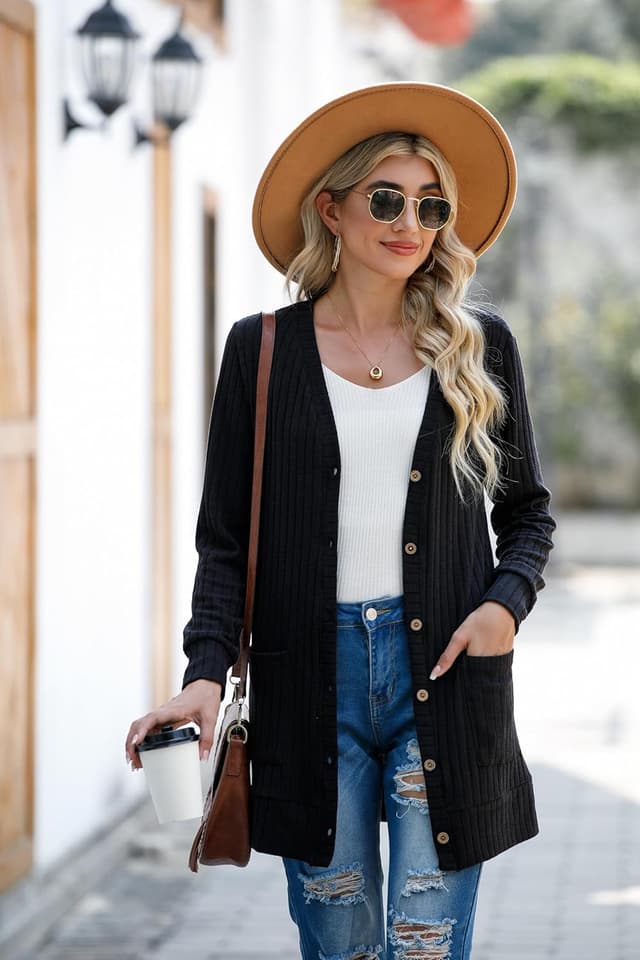 Detalle 2 de GRECERELLE women’s long sleeve open front cardigan with pockets (ribbed knit, lightweight)