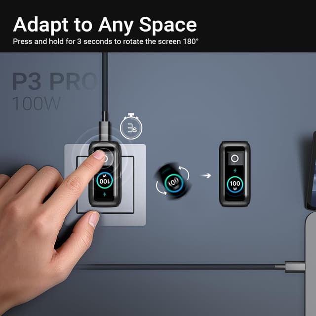 Detalle 1 de MINIX 100W USB‑C Ladegerät mit 3 Ports (GaN) und Smart Display – für MacBook, iPhone & Co.