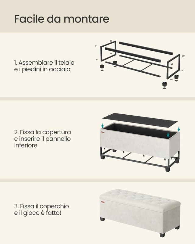 Detalle 2 de SONGMICS Cassapanca Pouf contenitore bianco crema con gambe in legno LSF089W01, 40 x 110 x 39 cm