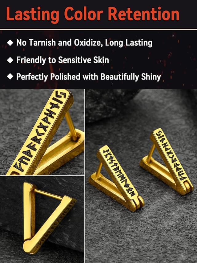 Detalle de FaithHeart Viking Hoop Earrings for Men with Norse Runes – Stainless Steel 316L, Hypoallergenic, Gift Wrapped