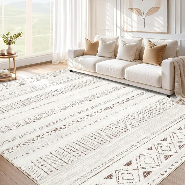 Detalle de Cotiled 10x12 Area Rug (Boho Washable) with Non-Slip Backing, Living Room Bedroom Dining Farmhouse Decor — L Brown/Cream