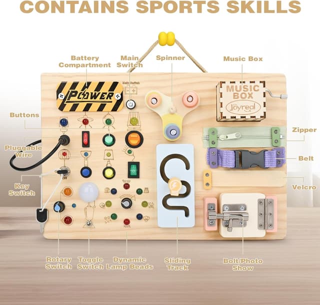 Detalle 2 de Joyreal Montessori Busy Board 2-in-1 ab 1 Jahr – Holz Motorikspielzeug mit 20 LED-Lichtern