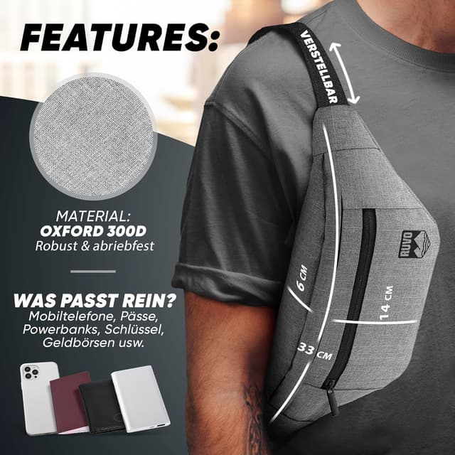 Detalle 2 de RUVO Marsupio da cintura grigio, 4 scomparti