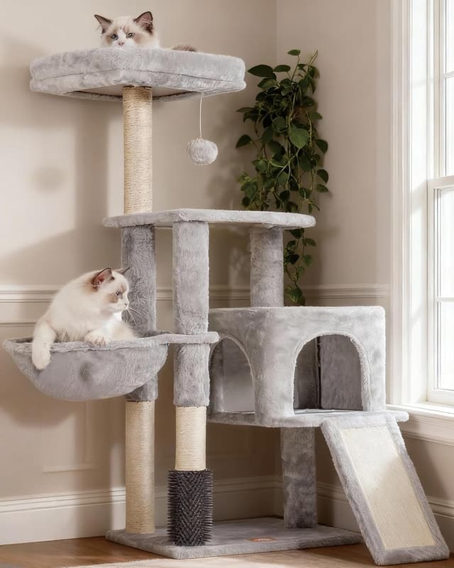 Detalle de Heybly 108cm Cat Tree with Self Groomer Brush and Kitty Condo (Light Gray HCT005SW)