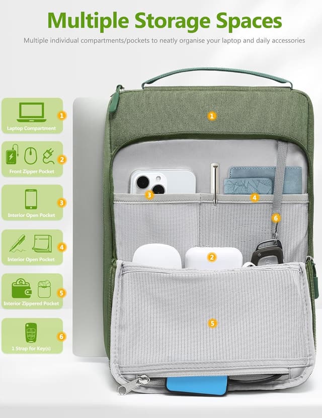 Detalle de HYZUO 13-inch laptop bag sleeve case in Grass Green — padded protection for MacBook Air/Pro 13, iPad Pro/Air 13 and more