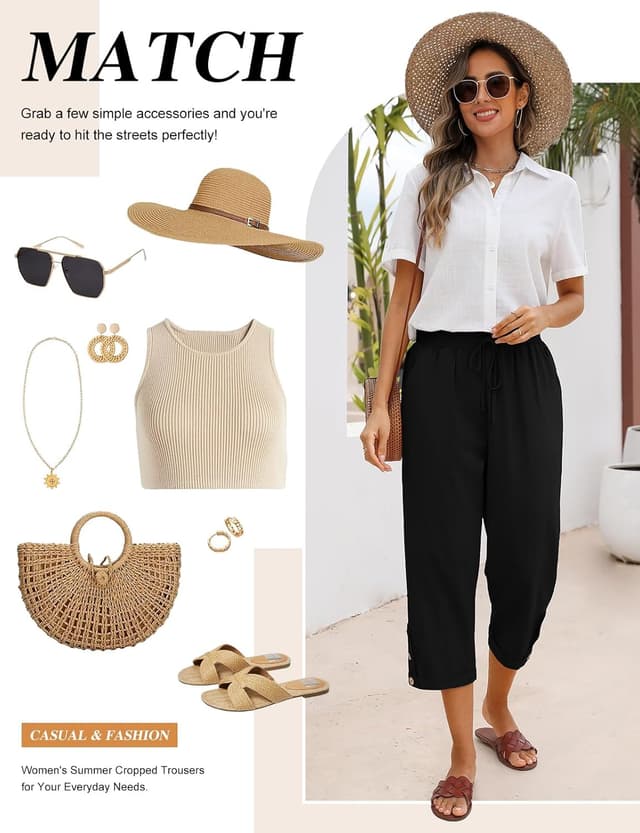 Detalle 2 de CMTOP pantalon femme d’été chic en coton – pantacourt droit 7/8 à taille élastique