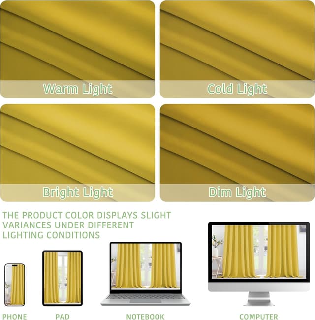 Detalle de KGORGE Thermo Kurz-Vorhänge blickdicht für Kinderzimmer, 2er-Set 145 x 140 cm (HxB) mit Ösen, Zitronengelb