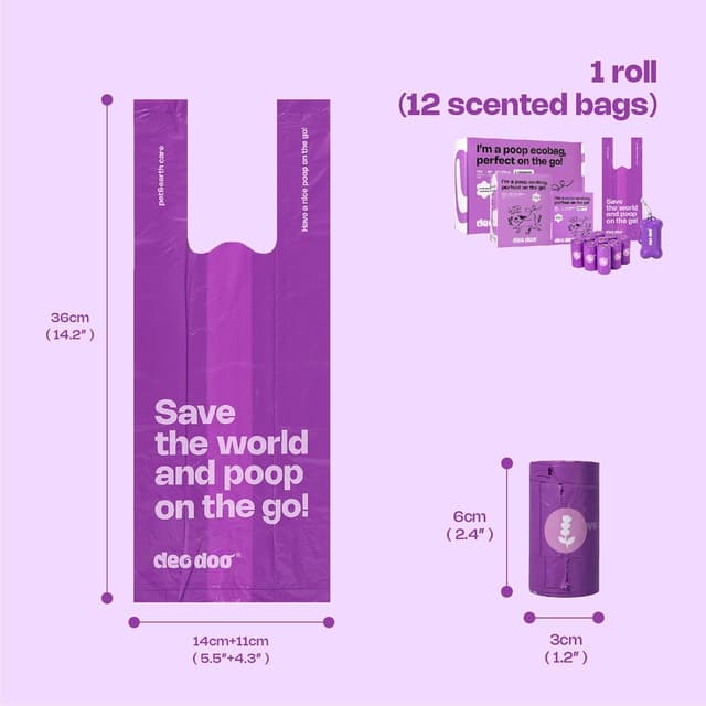 Detalle de Deo Doo dog poop bags with handles (30 rolls, 360 count) – big size, leak-proof and lavender scented