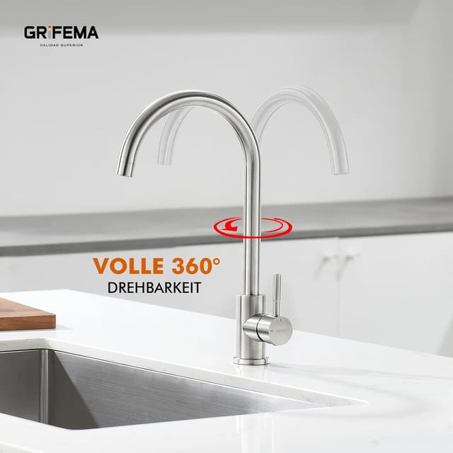 Detalle 2 de GRIFEMA Küchenarmatur mit Einhebelmischung, hoher Bogen (271 mm) und 360° Drehung – Edelstahl, grau