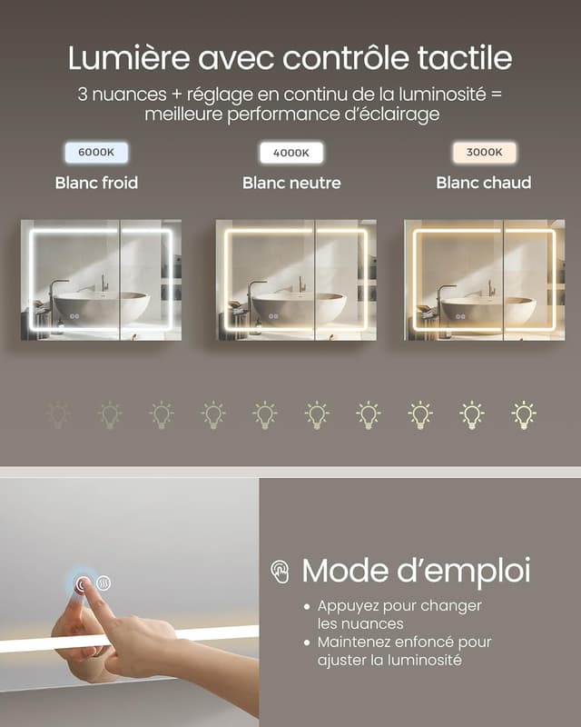 Detalle de Armoire murale de salle de bain VASAGLE Kailyn avec miroir, LED, multiprise et fonction anti-buée