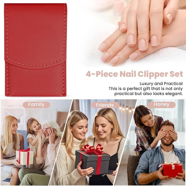 Detalle de LOPHE Kit manucure/pédicure pour coupe-ongles et cuticules (4 pièces) avec étui de voyage en cuir rouge