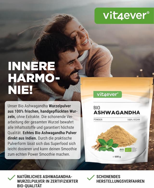 Detalle 2 de vit4ever Bio Ashwagandha Wurzel Pulver (Withania somnifera), 600 g – vegan