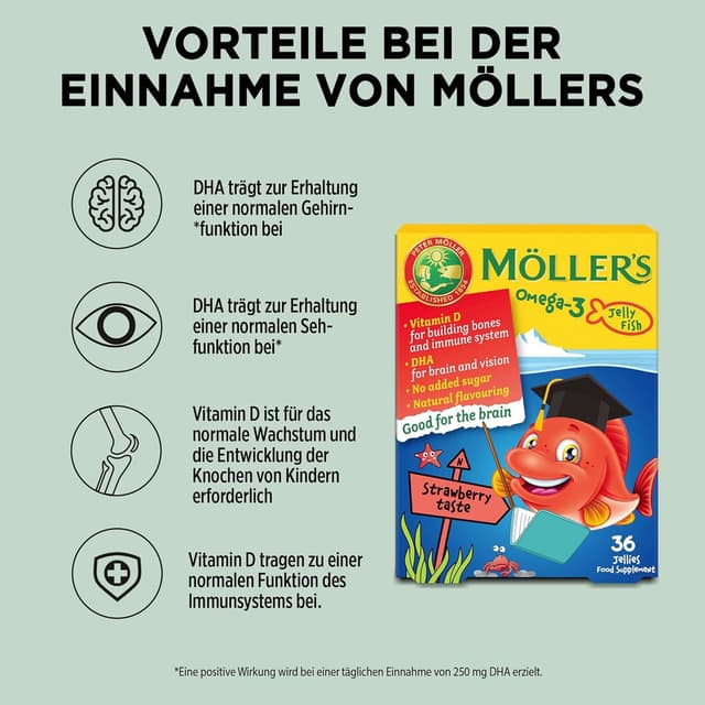 Detalle de Möller’s Omega 3 Kapseln für Kinder (Erdbeergeschmack) – mit DHA und EPA, 36 Stück