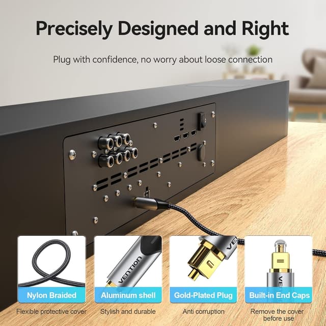 Detalle 2 de VENTION 2M Optical Audio Cable (Toslink) for Soundbar to TV – Gold-Plated S/PDIF Digital Link