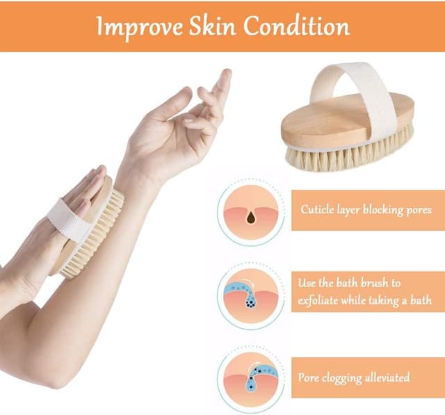 Detalle de URAQT spazzola per corpo in legno con setole naturali (kit da 2 pezzi) per esfoliazione a secco e massaggio linfatico