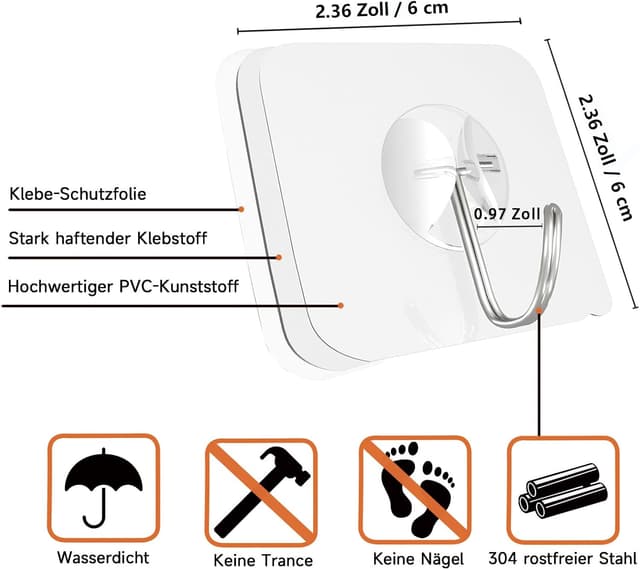 Detalle 2 de Latoxcaa große Klebehaken Extra Stark (transparent, ablösbar) Heavy-Duty bis 10 kg, wasserdicht & rostfrei, 20 Stück