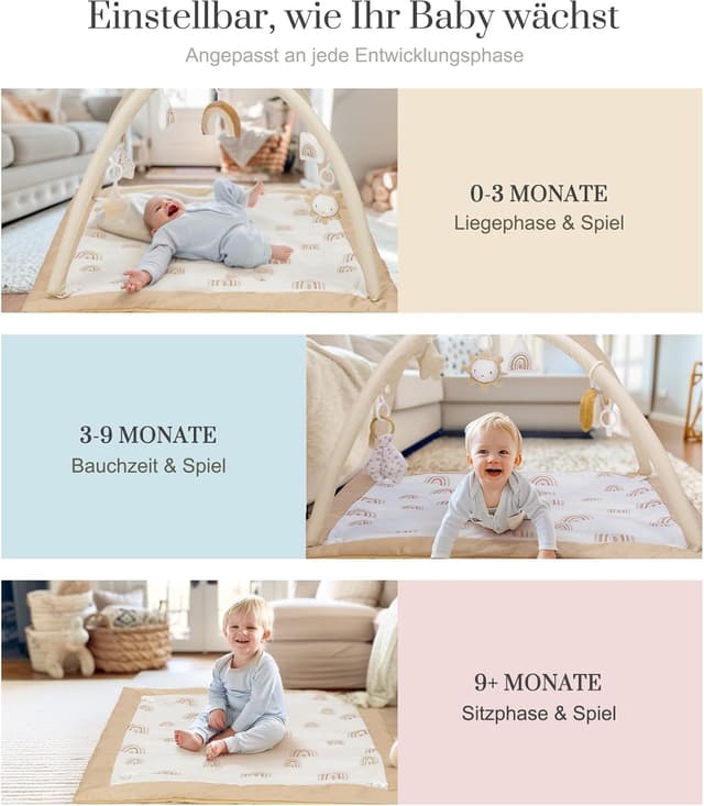 Detalle 2 de Mallify Spielbogen Baby Mädchen – Krabbeldecke mit 6 abnehmbaren Spielzeugen und 12 Meilensteinkarten