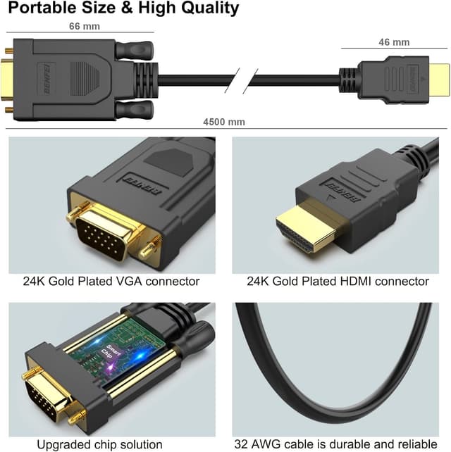 Detalle de Benfei HDMI-zu-VGA-Kabel (4,5 m) für Laptop & TV: Full-HD 1080p bis 60 Hz