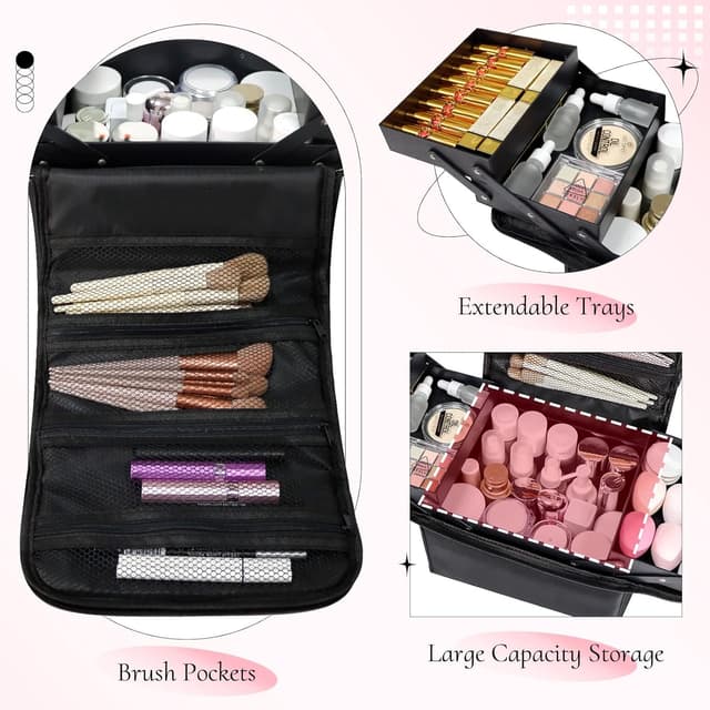 Detalle de Feibrand Large Makeup Organiser Box Vanity Case – Black travel make up bag with 2 layers, 4 expandable trays