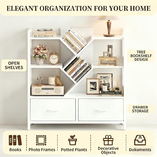 Detalle 2 de IRONCK Bookcase with 2 Drawers, Metal Frame Storage Shelf on Wheels (100x32x100cm) – White