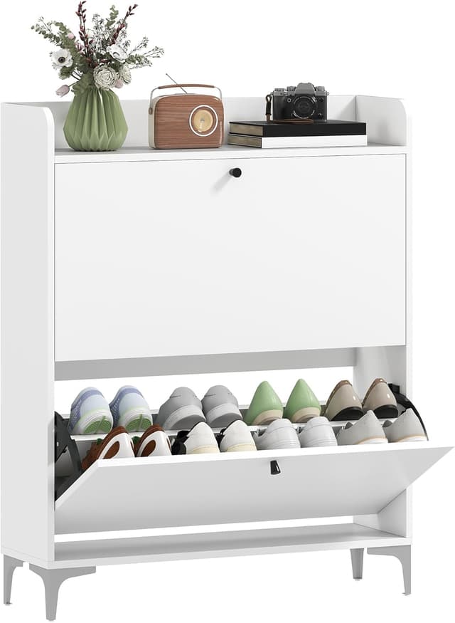 Detalle de HOMCOM Meuble à chaussures 16 paires étroit avec 2 tiroirs rabattables et surface supérieure (80 x 24 x 101 cm) blanc