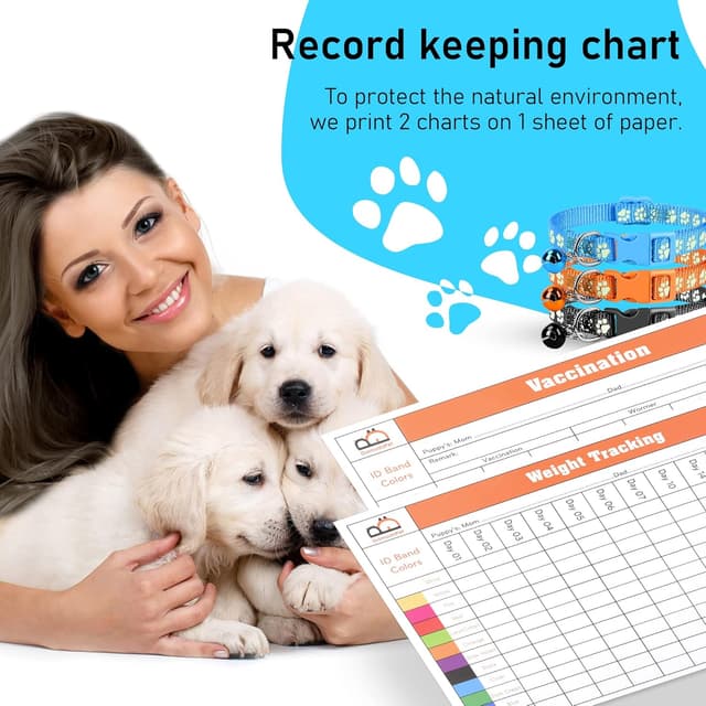 Detalle de GAMUDA Puppy Whelping Collar Set – Soft Nylon Adjustable ID Bands with Paw Print Pattern, Safety Buckle & Record Charts