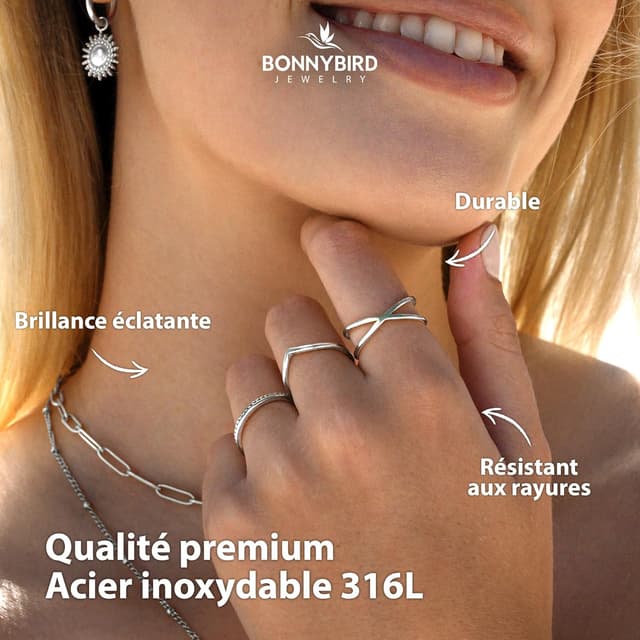 Detalle 2 de Lot de bagues femme BONNYBIRD en acier inoxydable 316L — set argent résistant à l’eau
