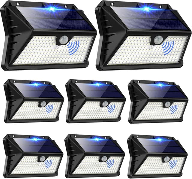 Detalle de Faro LED esterno con pannello solare a sensore, 8 pezzi da giardino IP65 (185 LED, 3 modalità) Bianco freddo