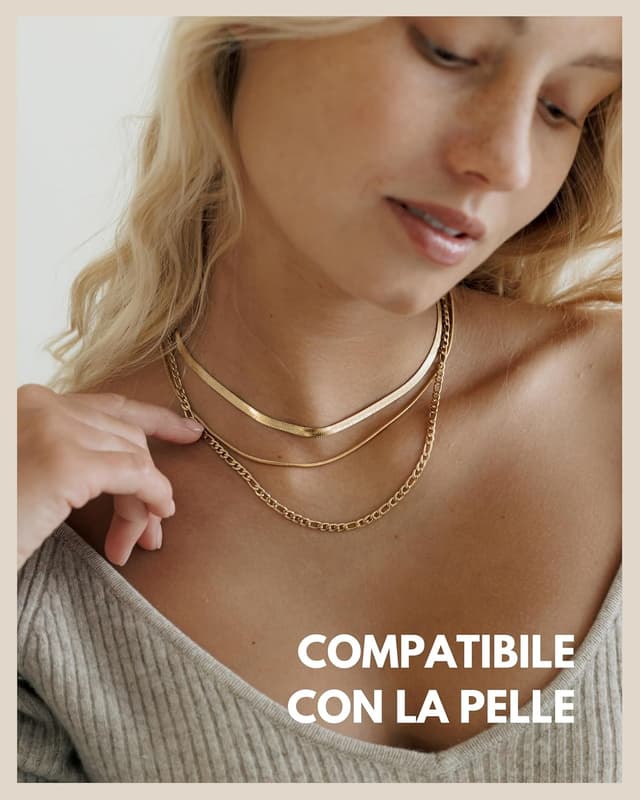 Detalle de Set di 3 collane in acciaio inox per donna con placcatura oro 18K, oro rosa o argento (snake 2mm/4mm + figaro 4mm)