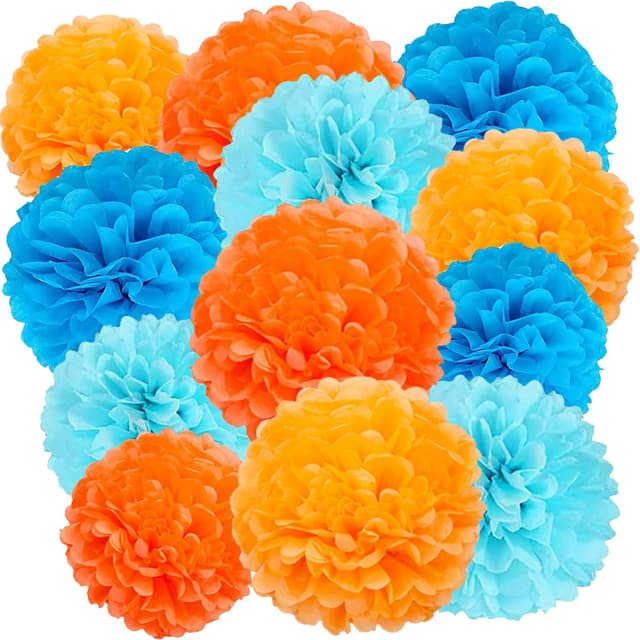 Detalle de We Moment Zone Papier Pompons Set (12 Stück) in Orange/Blau für Party, Hochzeit & Geburtstage